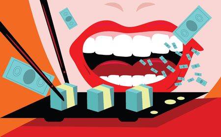 Allegory -the hungry woman eats money, like susi greed, insatiability illustrationの写真素材