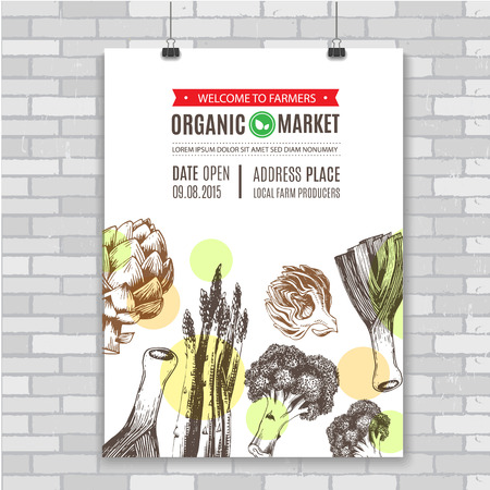Organic food poster. Fresh vegetables. Vector illustration. Ideal for use in organic food industry, healthy green food market, vegetarian restaurant.のイラスト素材