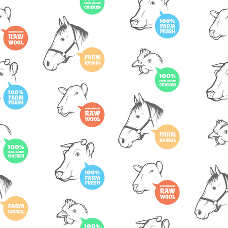 Seamless Pattern with different farm animals, including cow, chicken, sheep and horse. Perfect design for farming industry, original packaging and other types of bio product business.のイラスト素材