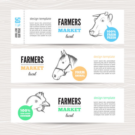 Set of horizontal banners with cow, sheep  and chicken. Perfect  for farm market advertising, farming, other types of bio product business. Business identity for bio products, agricultural industry.のイラスト素材