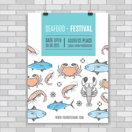 Seafood vector billboard, poster.Template for web, print industry or brand advertising. Festival illustration.のイラスト素材
