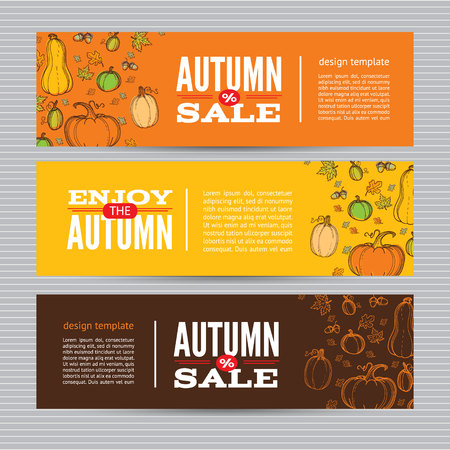 Autumn vector billboards, banners set.Template for web, print industry, brand advertising. Hand drawing style illustration.のイラスト素材
