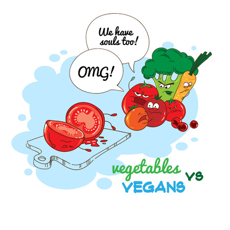 Comic cartoon vector illustration. Vegetables against vegans.のイラスト素材
