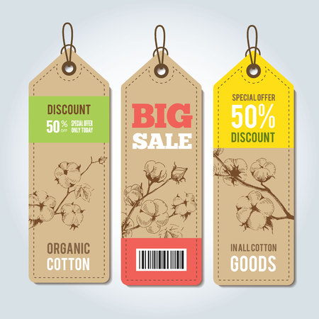 Vector tags for clothing template. Natural cotton vector labels, stickers and design elements, set of organic cotton clothing labels and tags.のイラスト素材