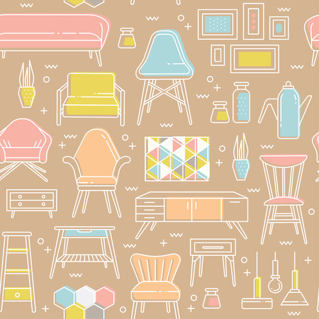 Scandinavian furniture seamless pattern. Template with line symbols of interior item. Ideal background for packaging or web. Clean, minimalistic concept for furniture company.のイラスト素材