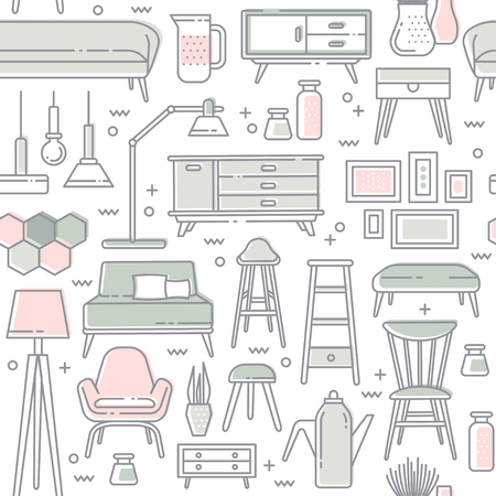 Scandinavian furniture seamless pattern. Template with line symbols of interior item. Ideal background for packaging or web. Clean, minimalistic concept for furniture company.のイラスト素材