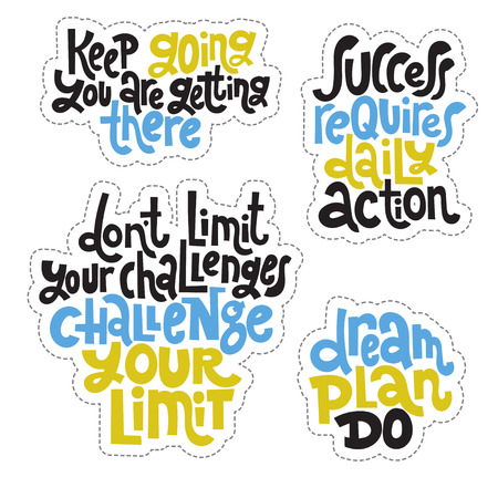 Sticker set design template with hand drawn vector lettering, quote to keep inspired for success. Clean minimalistic concept for self development, coaching, mentoring, personal and self made growth.のイラスト素材