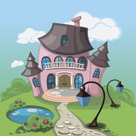 pink castle with towers standing in the middle of a large park with ornamental pondのイラスト素材