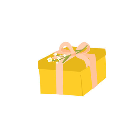 hand drawn cute yellow gift box with ribbon and flowerのイラスト素材