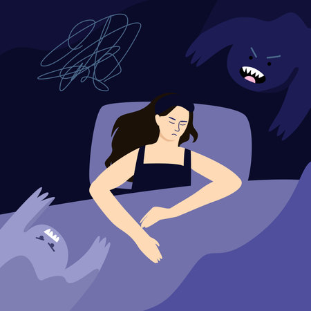 A young woman sleeps restlessly, she has a nightmare with monsters. The concept of sleep disorders, nightmares, insomnia. Flat vector illustration.のイラスト素材