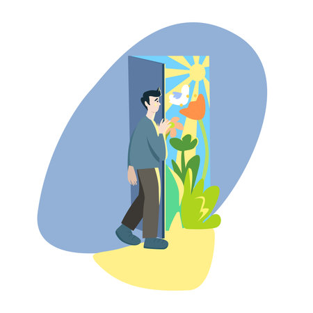 a man opens the door from a dark room to a beautiful sunny garden. the concept of release from addiction and depression, rehabilitationのイラスト素材