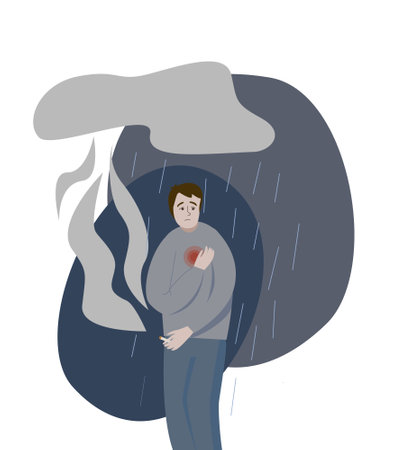 A young man feels severe chest pain due to prolonged smoking of nicotine cigarettes. A cloud hangs over himのイラスト素材