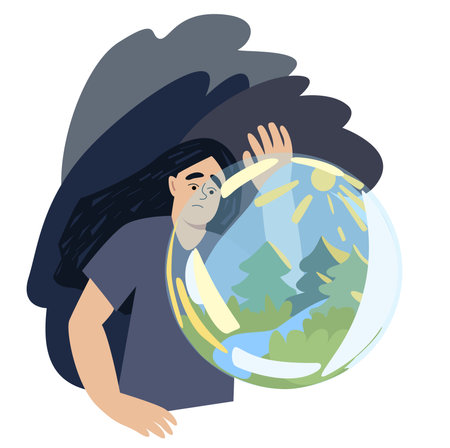 a sad girl looks out of the darkness at a glass ball with a beautiful sunny forest. concept of depression, disability to live happily, psychological problemsのイラスト素材