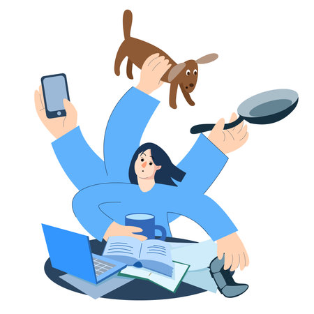 young woman suffers from ADHD. she tries to work, but cannot concentrate and is constantly distracted. many hands are reaching out to do different things. mental disorder conceptのイラスト素材