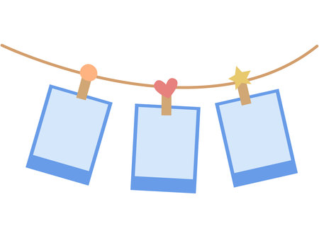 set of empty photo frames on a white background. Retro snapshots, instant photo mockups, hung on a string or attached with beautiful clothespins. Vector illustrationのイラスト素材