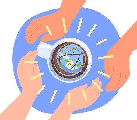 hands holding a mug of coffee, top view. The mug reflects the sky, clouds and a blossoming spring tree, with sun rays around the mug. concept of coffee, spring, good morningのイラスト素材