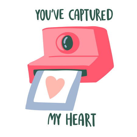 illustration with an instant camera with a frame depicting a heart and lettering you've captured my heart. the concept of Valentine's Day, love.のイラスト素材