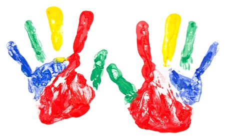 Close up of colorful hand painted isolated on white backgroundの写真素材