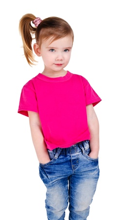 Portrait of cute little girl in jeans isolatedの写真素材