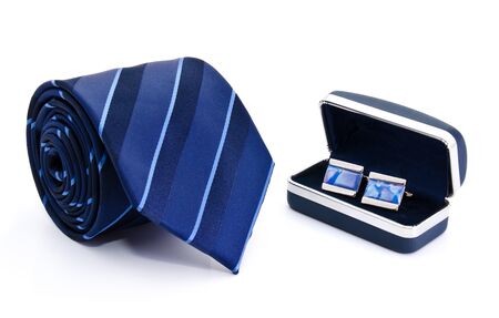 Man cuff links in box and tie  isolated on whiteの写真素材