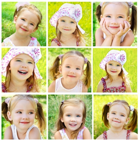 Collage of cute little girl on the meadow in summer dayの写真素材