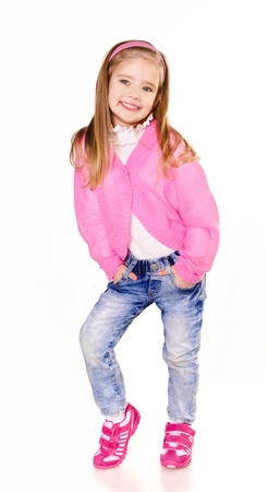 Portrait of cute little girl in jeans isolated on a whiteの写真素材