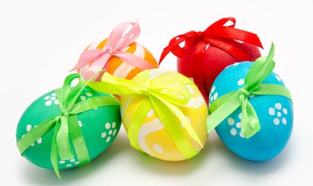 Colorful easter eggs isolated over white backgroundの写真素材