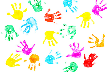 Hand prints of child isolated on a white background の写真素材