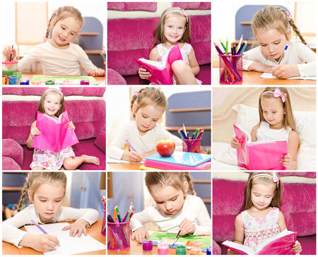 Collection of photos cute little girl writing reading and drawing in classroomの写真素材