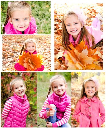 Collection of photos cute smiling little girl in autumn leaves outdoorの写真素材