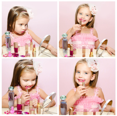 Collection of photos child cosmetics adorable little girl with lipstick and mirror isolatedの写真素材