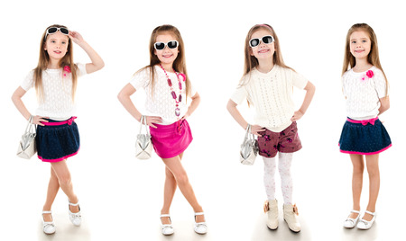 Collection of photos adorable happy little girl isolated on a whiteの写真素材