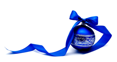 Christmas decoration blue ball with ribbonの写真素材