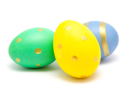 Colorful perfect handmade painted easter eggs isolated on a white background closeupの写真素材