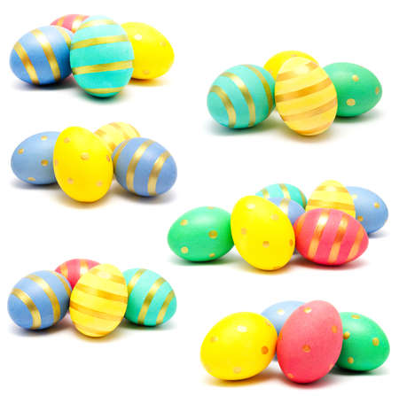 Collection of photos colorful perfect handmade painted easter eggs isolated on a white background closeupの写真素材