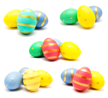Collection of photos colorful perfect handmade painted easter eggs isolated on a white background closeupの写真素材