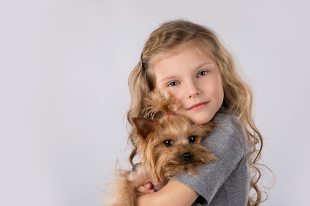 Little girl with Yorkshire Terrier dog isolated on white background. Kids pet friendshipの写真素材