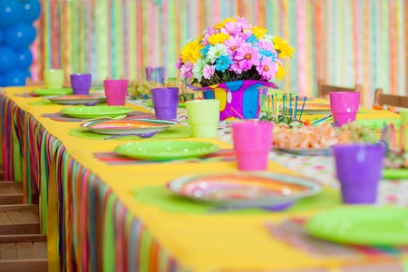 Serving colorful table with decoration for child birthdayの写真素材