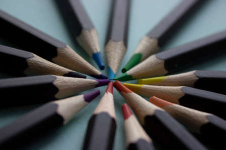 Colorful pencils in fantasy style on light background. Summer textile collection. Colorful graphic. Artistic wallpaper. Kid graphic.の写真素材