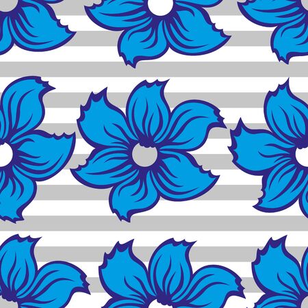 Seamless pattern with blue flowers on a striped gray backgroundのイラスト素材
