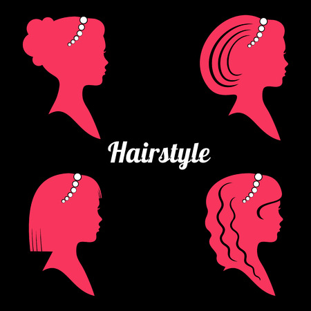Women's hairstyles with pearl thread. Pink silhouette on a black background. Vector illustrationのイラスト素材