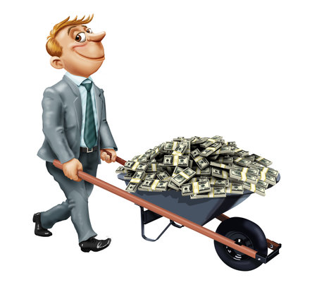 Businessman in a suit pushes a wheelbarrow filled with moneyの写真素材