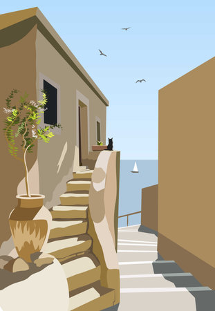 Cityscape: Italian street leading down to the sea, where a yacht sailsのイラスト素材
