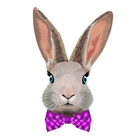 Portrait of a blue-eyed rabbit with a pink checkered butterflyのイラスト素材