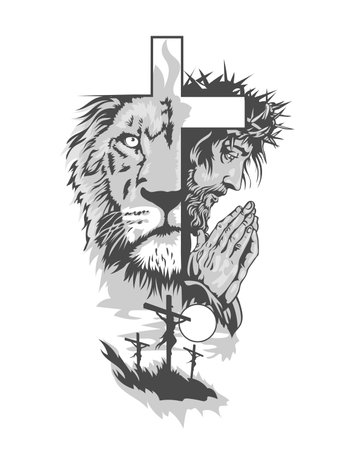 Vector illustration of a tattoo of a lion, a crucifix and a portrait of a saviorのイラスト素材