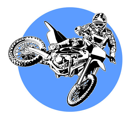 Black and white image of a motocross athlete on a flying bikeのイラスト素材