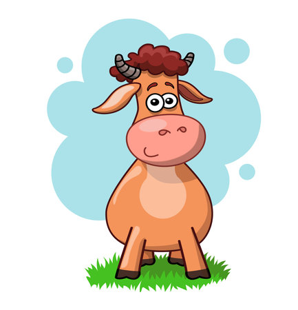 cartoon bull with a curly hairstyle stands on green grassのイラスト素材