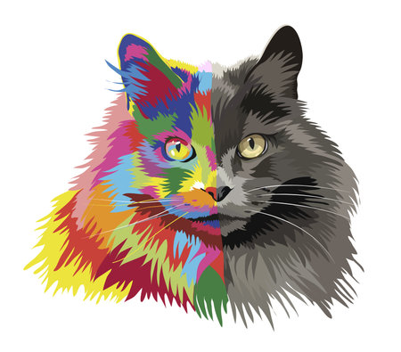 Portrait of a gray long-haired cat with yellow eyes. The floor of the portrait is a real image, the second half of the muzzle is painted in different colors.のイラスト素材