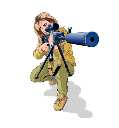 Military girl aiming from a sniper rifle with a silencerのイラスト素材