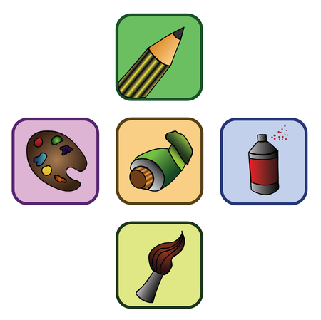 artist tools icons: brush, palette, tube of oil, pencil and spray canのイラスト素材